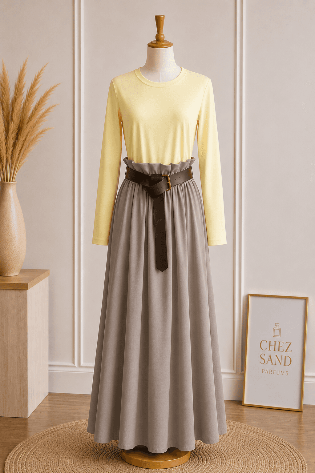 Robe longue, haut tee shirt manches longues avec ceinture, poches - vue 1