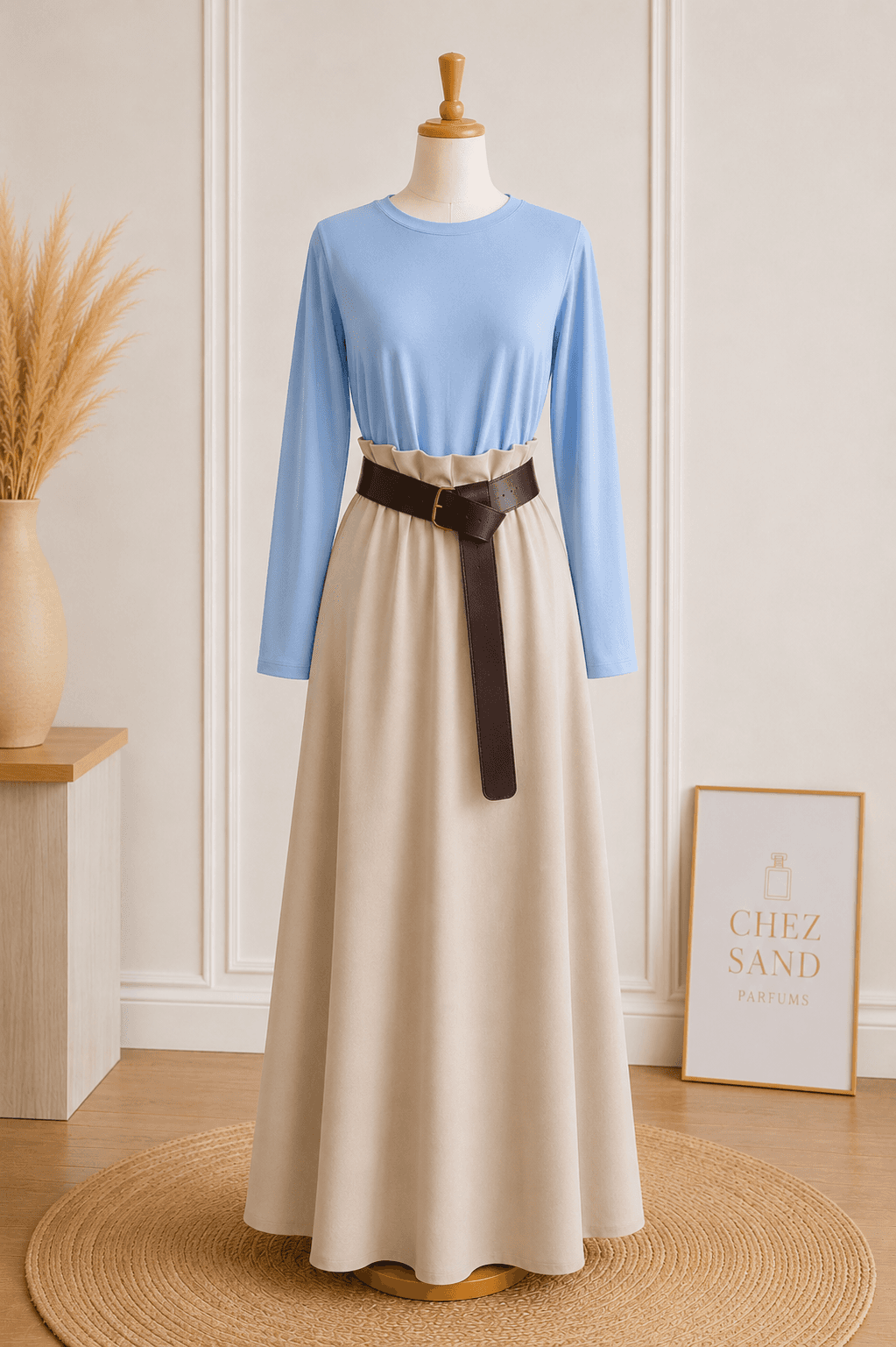 Robe longue, haut tee shirt manches longues avec ceinture, poches