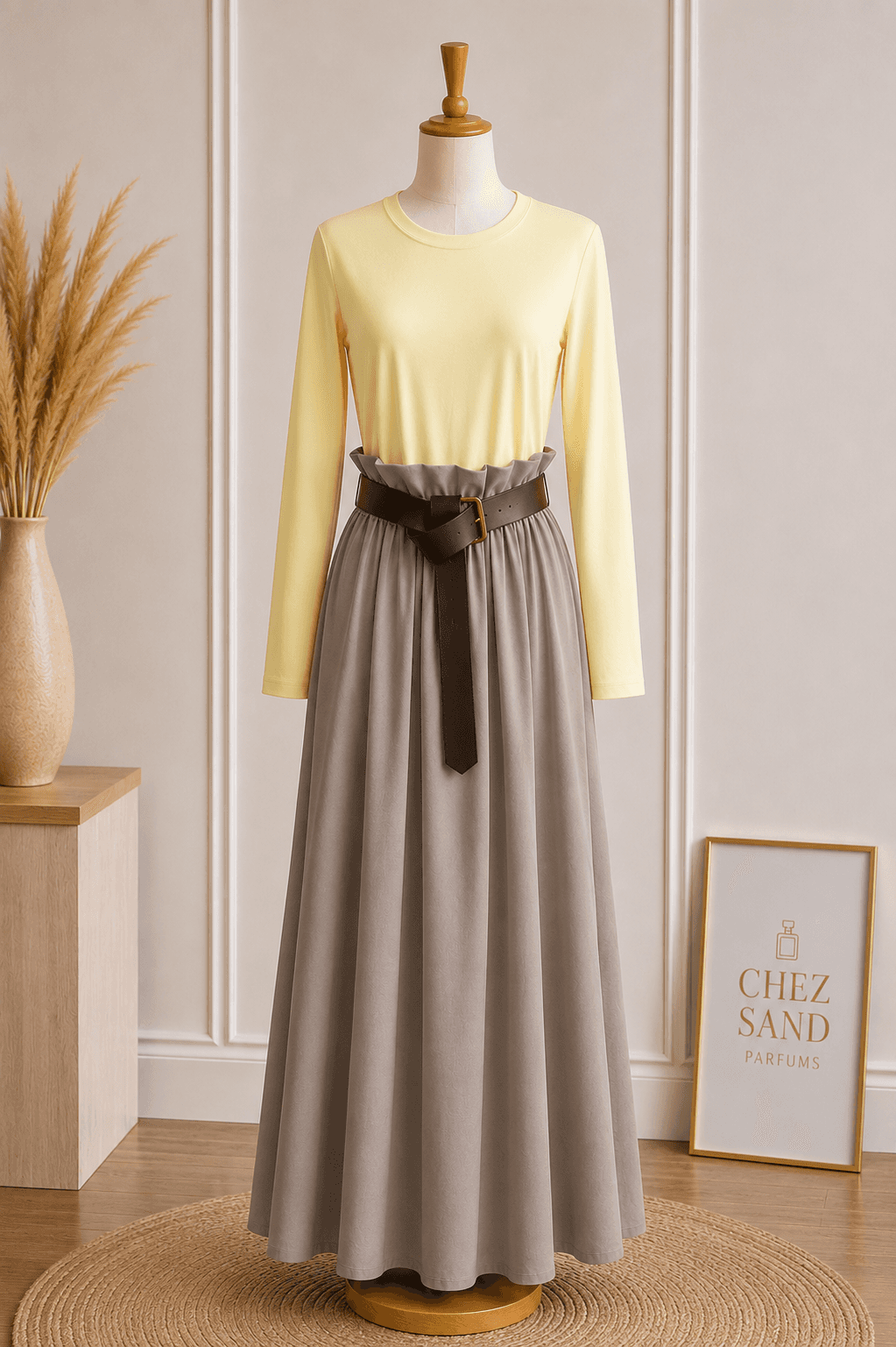 Robe longue, haut tee shirt manches longues avec ceinture, poches - vue 1