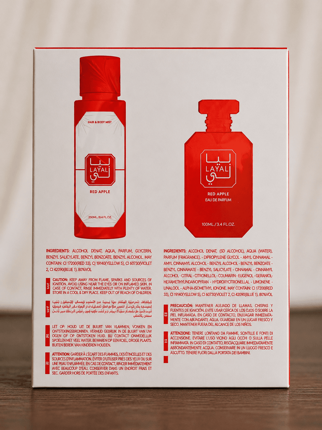 Coffret layali red apple (dupe de Kayali) contenant une eau de parfum en 100 ml et une brume en 250 ml, pour femme – vue 2